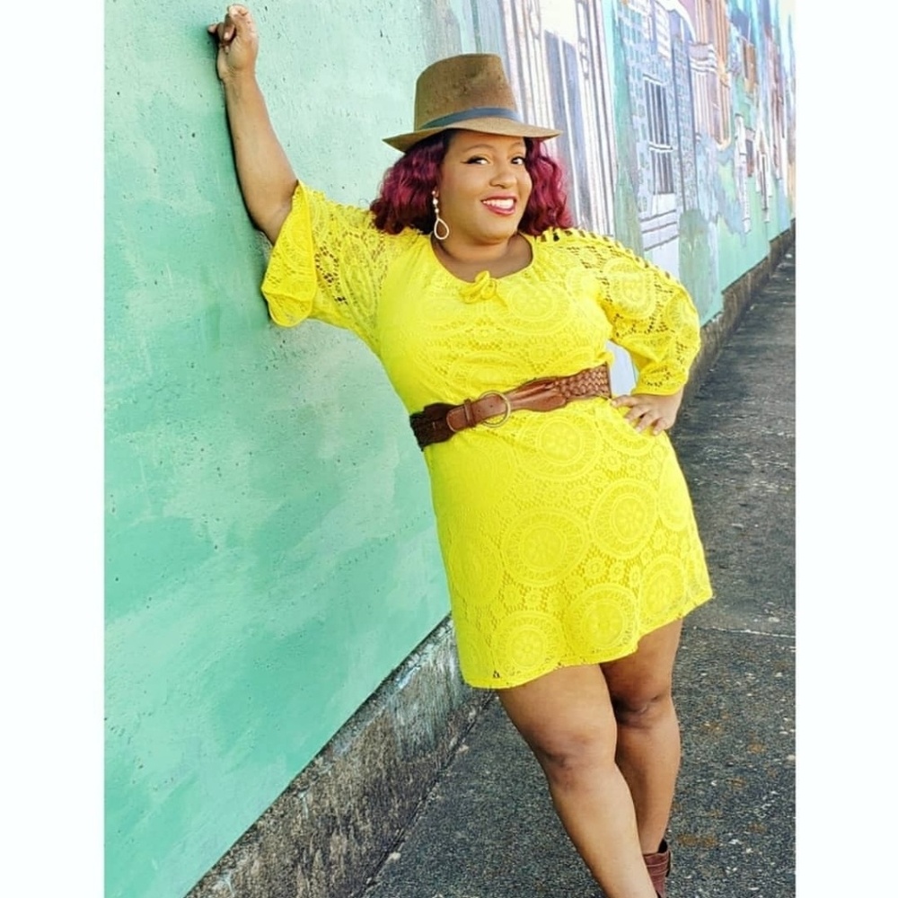 Yellow lace shift dress with cut out bell sleeves